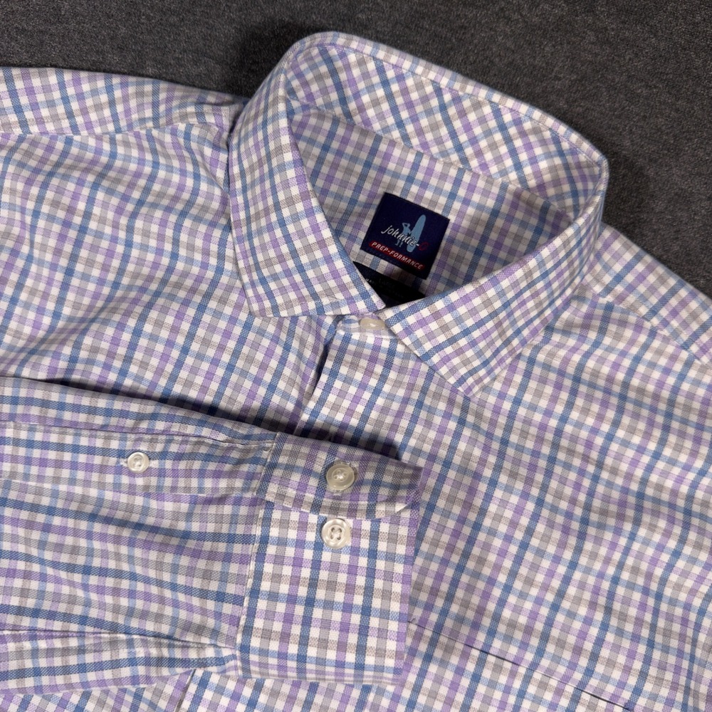 Johnnie-O Button Down Shirt Men Large Purple Blue Gingham Prep-Formance Stretch